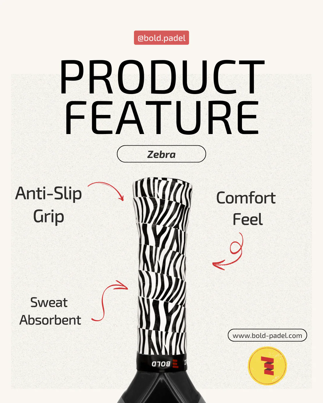 A Bold Zebra overgrip wrapped on a padel racket, showcasing its distinctive design and grip texture