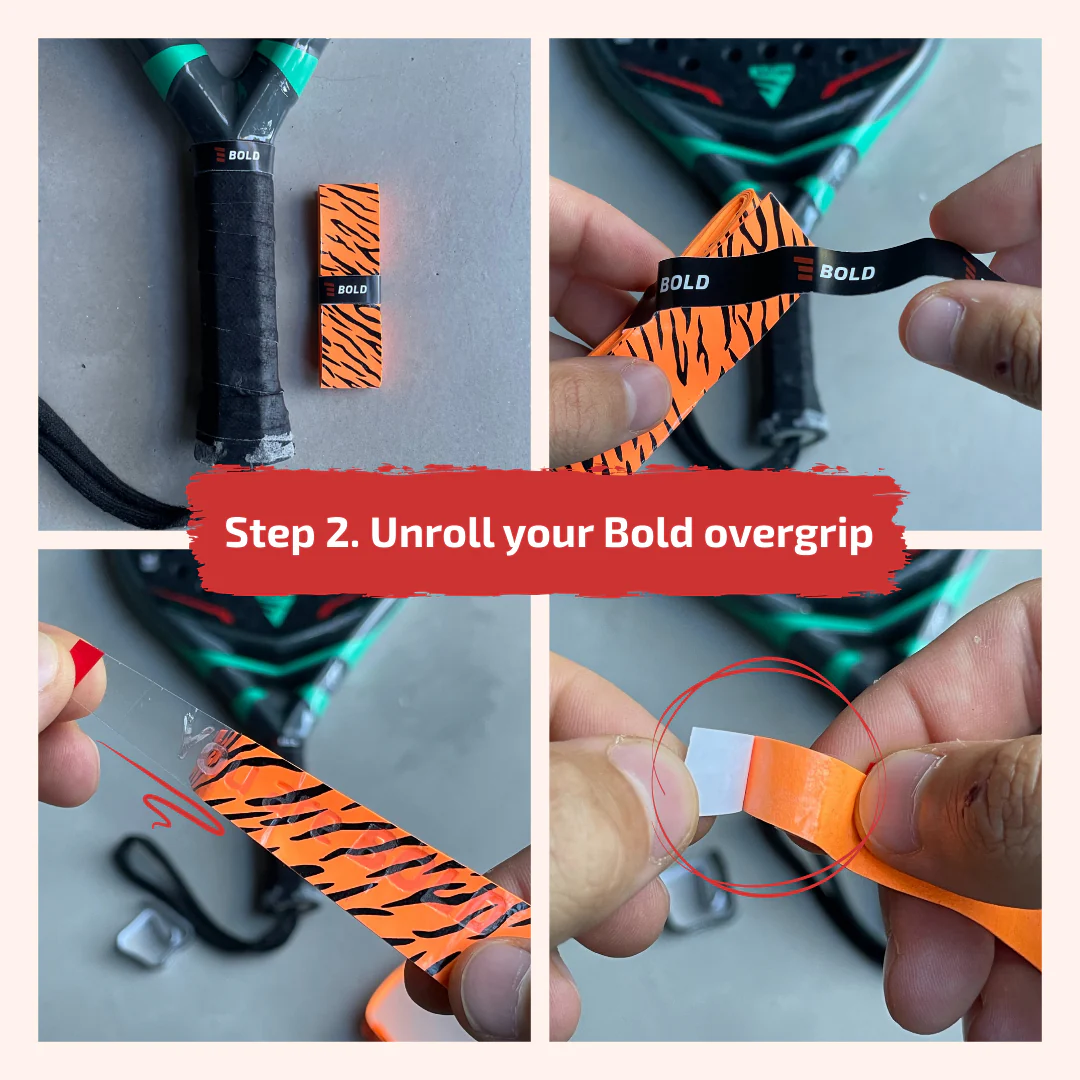 Unrolling a Bold padel overgrip from its packaging